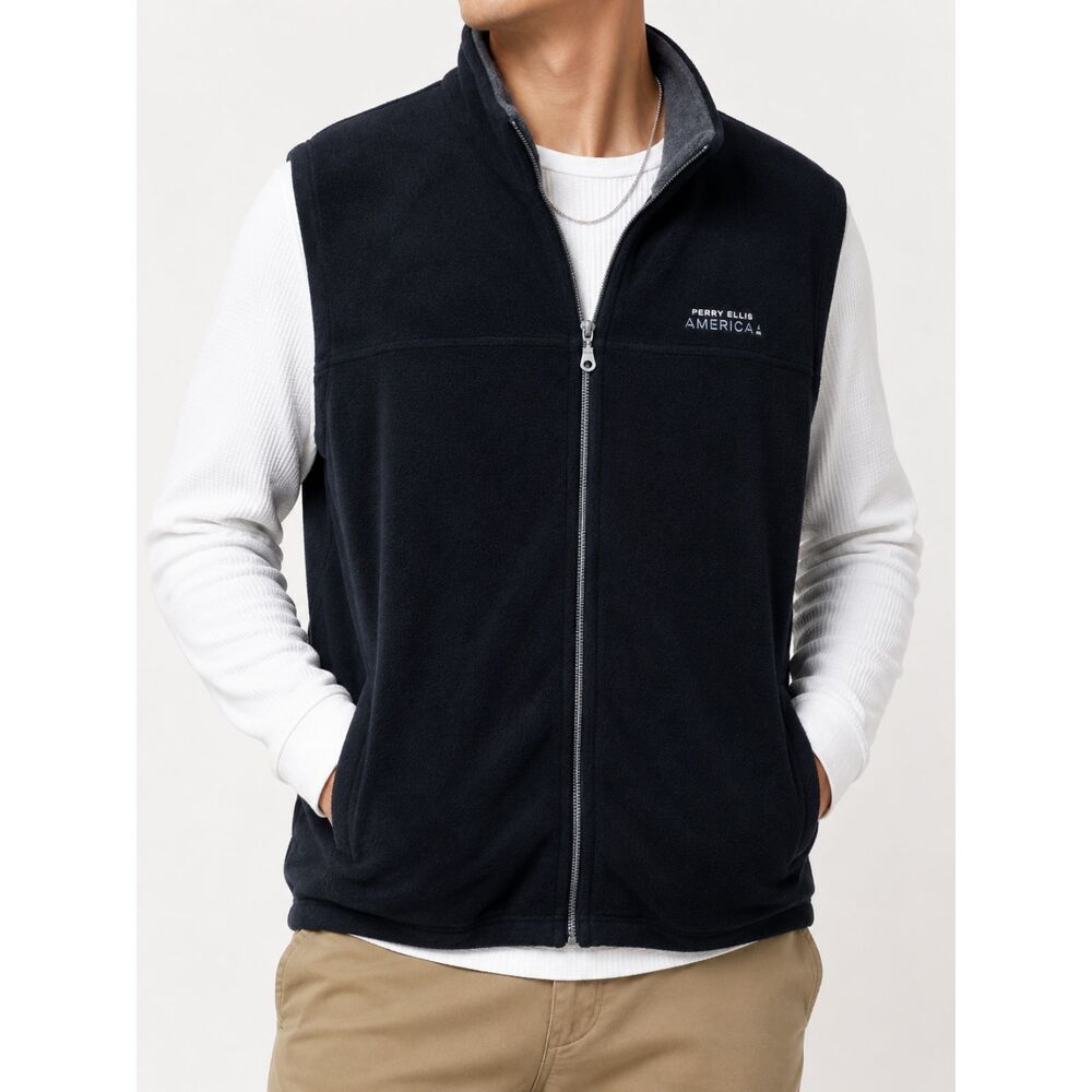 Perry Ellis America Active Mens 3XLT Black Fleece Vest Full Zip Y2K NWT